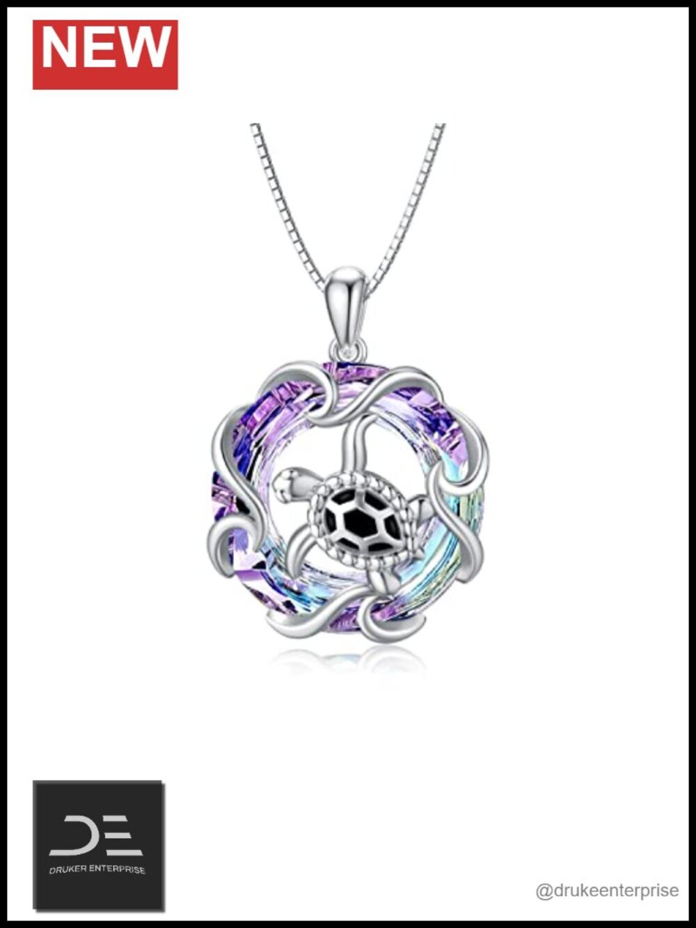 Sea Turtle Pendant Necklace 925 Sterling Silver Crystal Box Chain 18+2 Inch